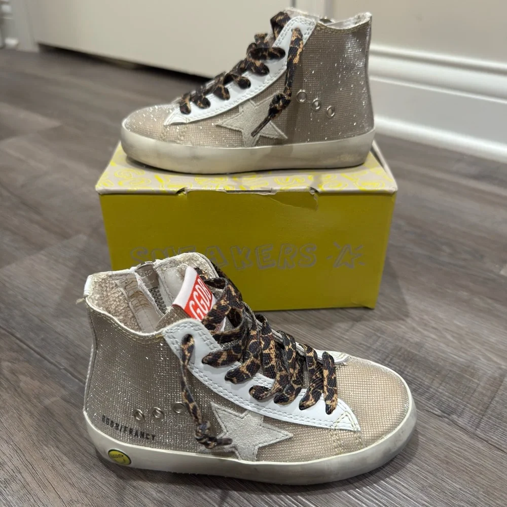 Golden Goose Francy Checkered Glitter Upper Leopard Print Laces High Top Sneaker